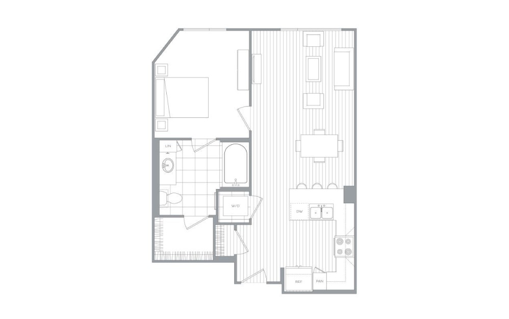 A10 - 1 bedroom floorplan layout with 1 bath and 681 square feet.