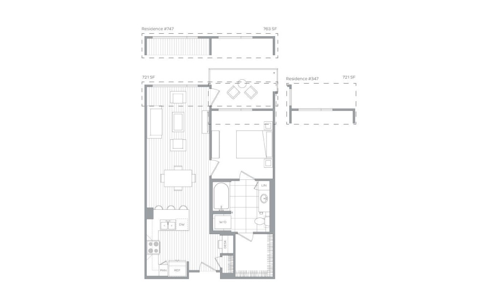 A12 - 1 bedroom floorplan layout with 1 bath and 721 to 763 square feet.