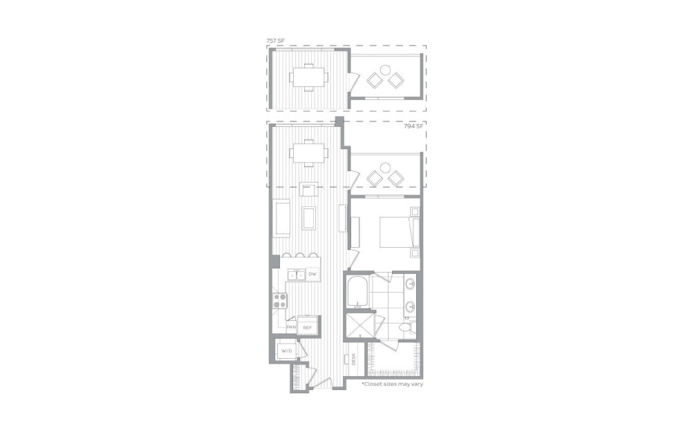 A15 - 1 bedroom floorplan layout with 1 bath and 757 to 863 square feet. (Layout 2)