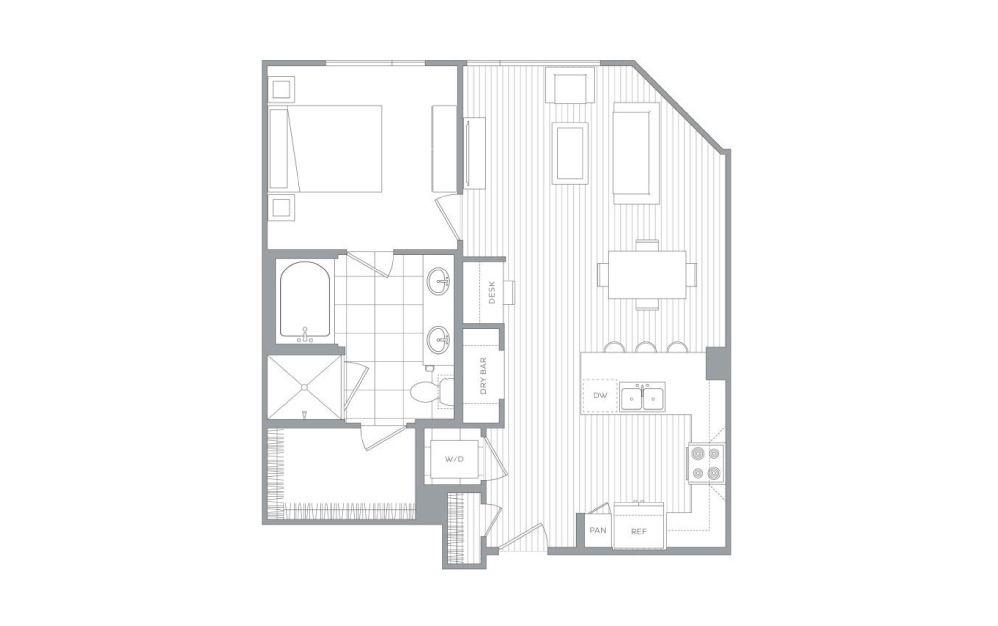 A17 - 1 bedroom floorplan layout with 1 bath and 803 square feet.