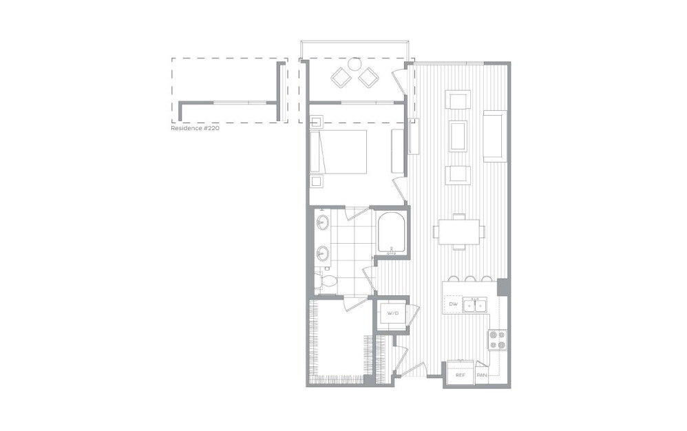 A18 - 1 bedroom floorplan layout with 1 bath and 807 to 879 square feet.