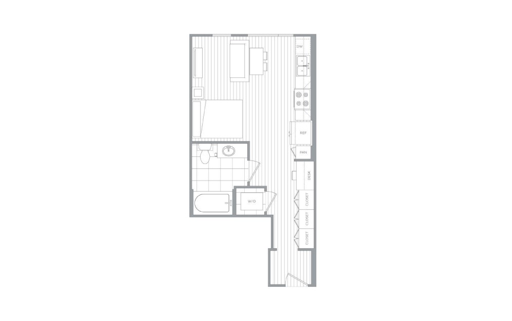 A1 - Studio floorplan layout with 1 bath and 454 square feet.