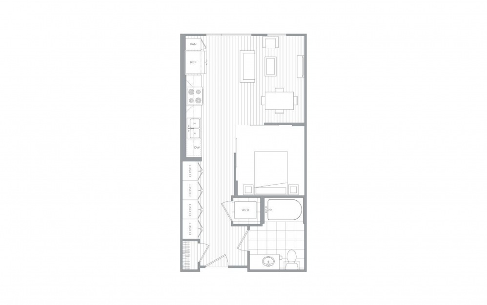 A2 - Studio floorplan layout with 1 bath and 536 to 563 square feet.