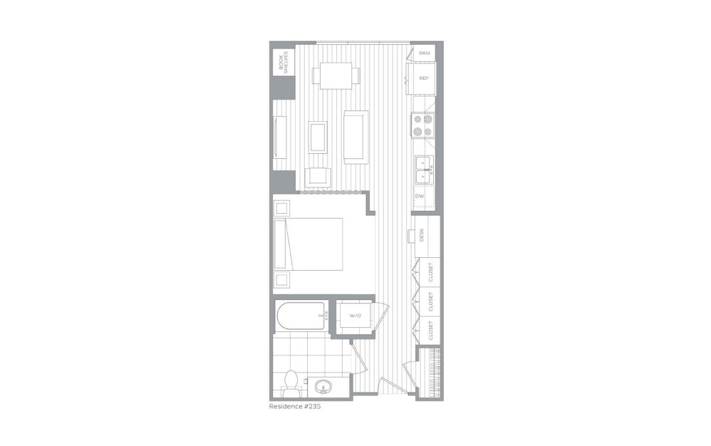 A3 - Studio floorplan layout with 1 bath and 536 to 577 square feet. (Floor 1)