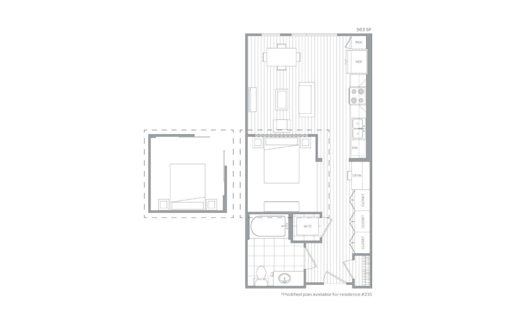 A3 - Studio floorplan layout with 1 bath and 536 to 577 square feet. (Floor 2)