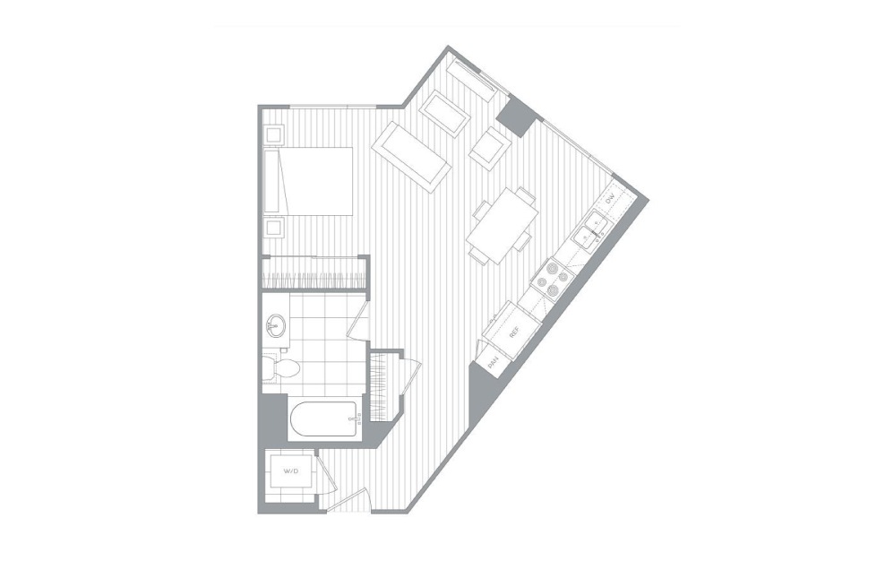 A4 - Studio floorplan layout with 1 bath and 574 square feet.