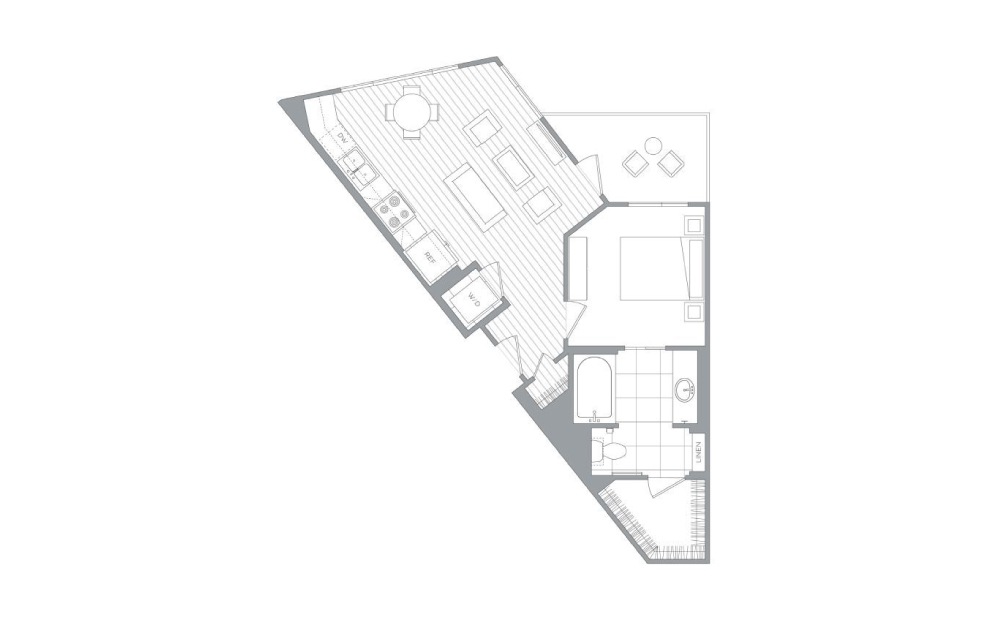A5 - 1 bedroom floorplan layout with 1 bath and 605 to 668 square feet.