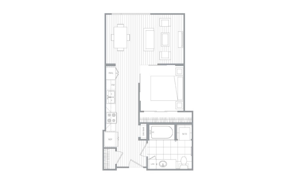 A6 - Studio floorplan layout with 1 bath and 613 square feet.