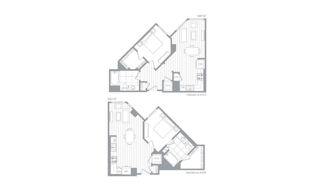 A7 - 1 bedroom floorplan layout with 1 bath and 650 to 681 square feet. (Layout 1)