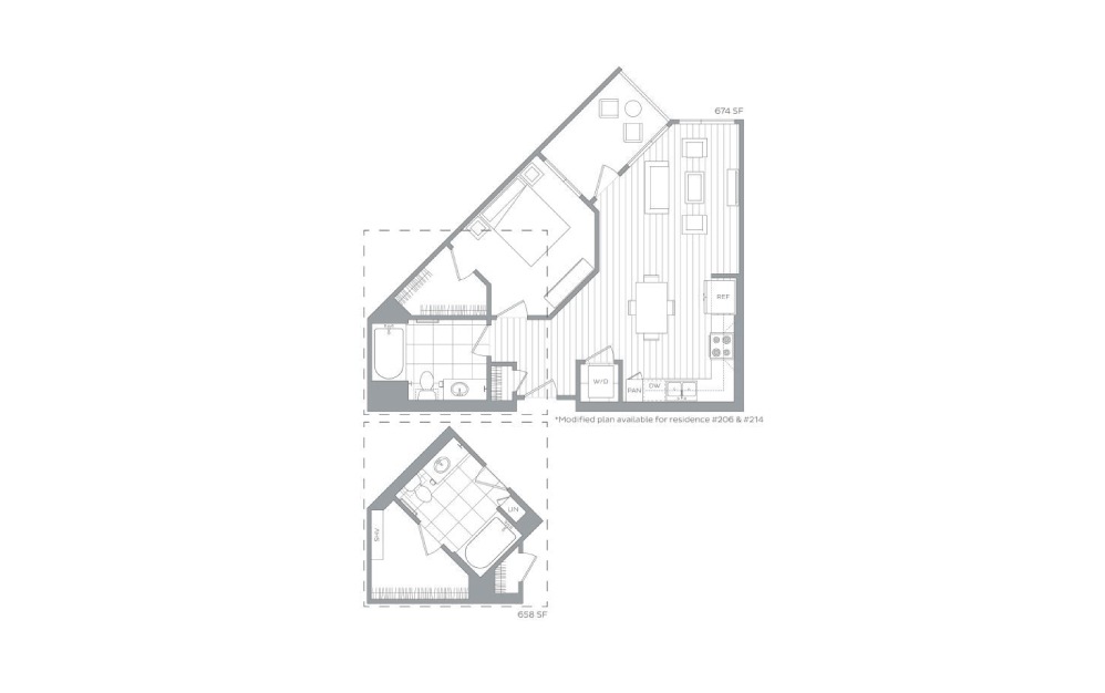 A7 - 1 bedroom floorplan layout with 1 bath and 650 to 681 square feet. (Layout 2)