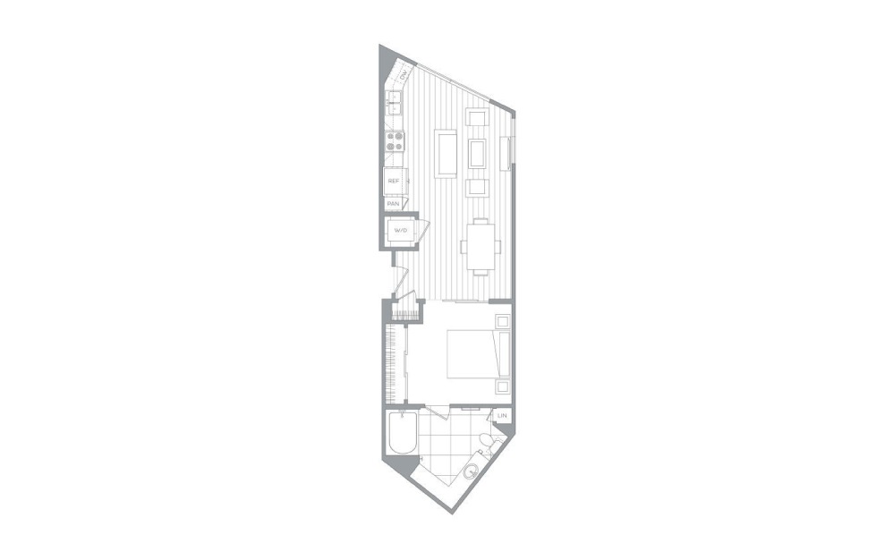 A8 - Studio floorplan layout with 1 bath and 669 square feet.