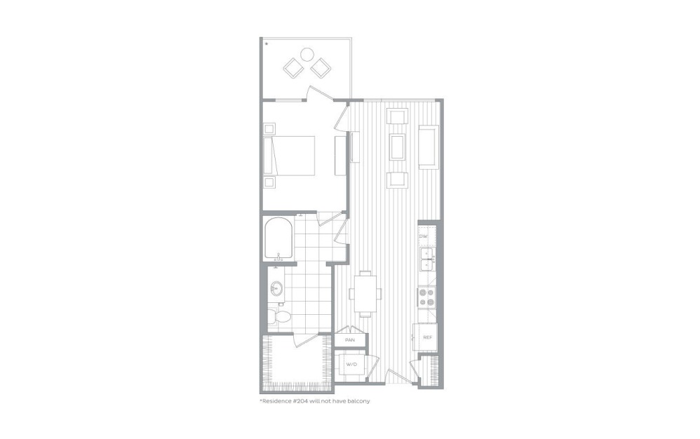 A9 - 1 bedroom floorplan layout with 1 bath and 679 to 741 square feet.