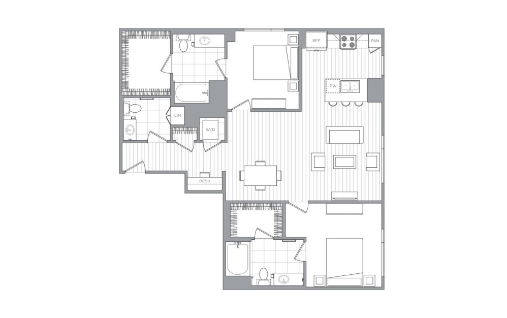 B10 - 2 bedroom floorplan layout with 2.5 baths and 1289 square feet.