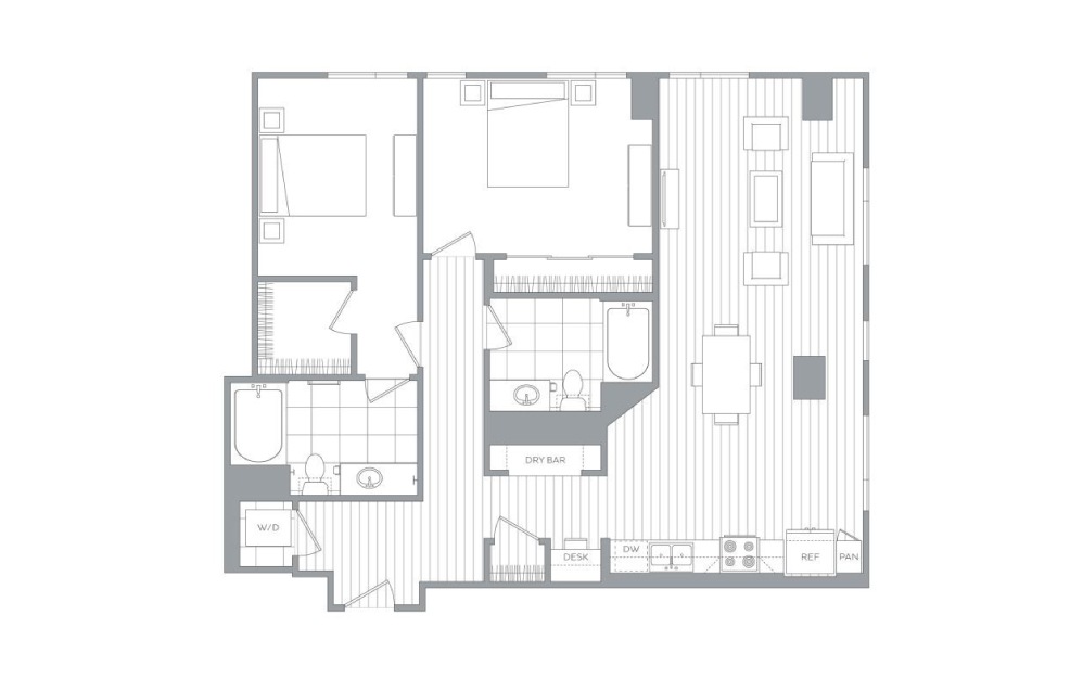B11 - 2 bedroom floorplan layout with 2 baths and 1299 square feet.