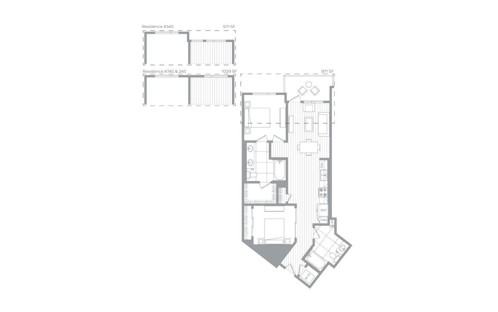 B1 - 2 bedroom floorplan layout with 2 baths and 971 to 1055 square feet.