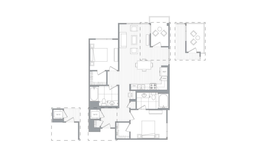 B2 - 2 bedroom floorplan layout with 2 baths and 1029 to 1093 square feet.