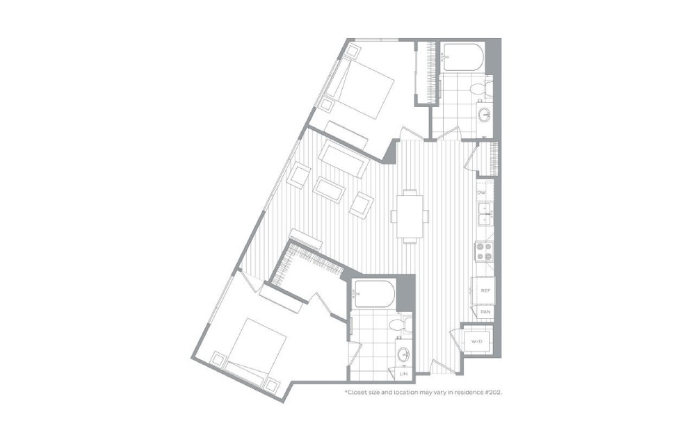 B3 - 2 bedroom floorplan layout with 2 baths and 1044 square feet.