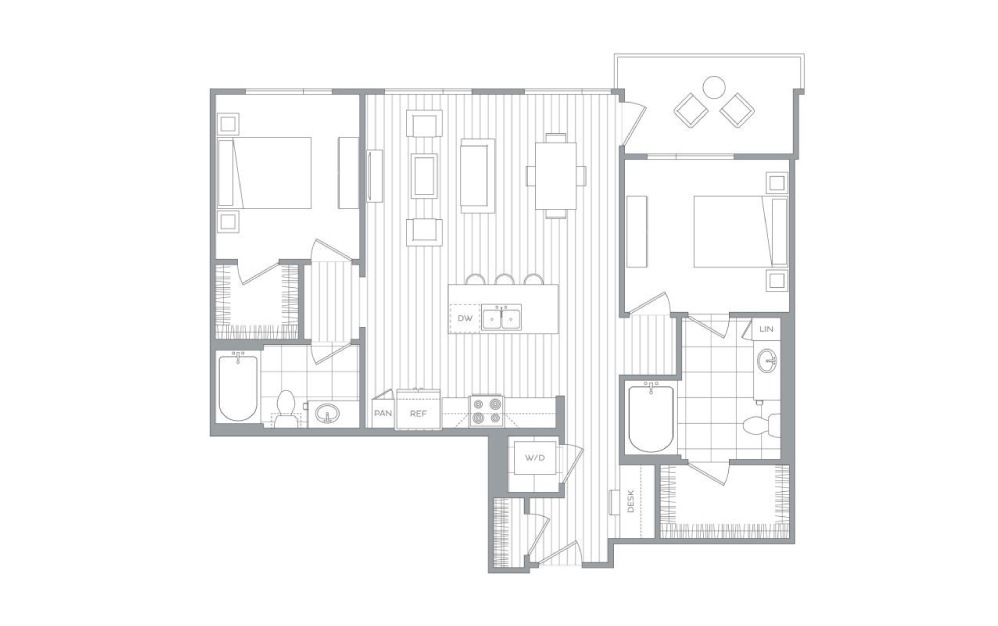 B4 - 2 bedroom floorplan layout with 2 baths and 1091 to 1167 square feet.