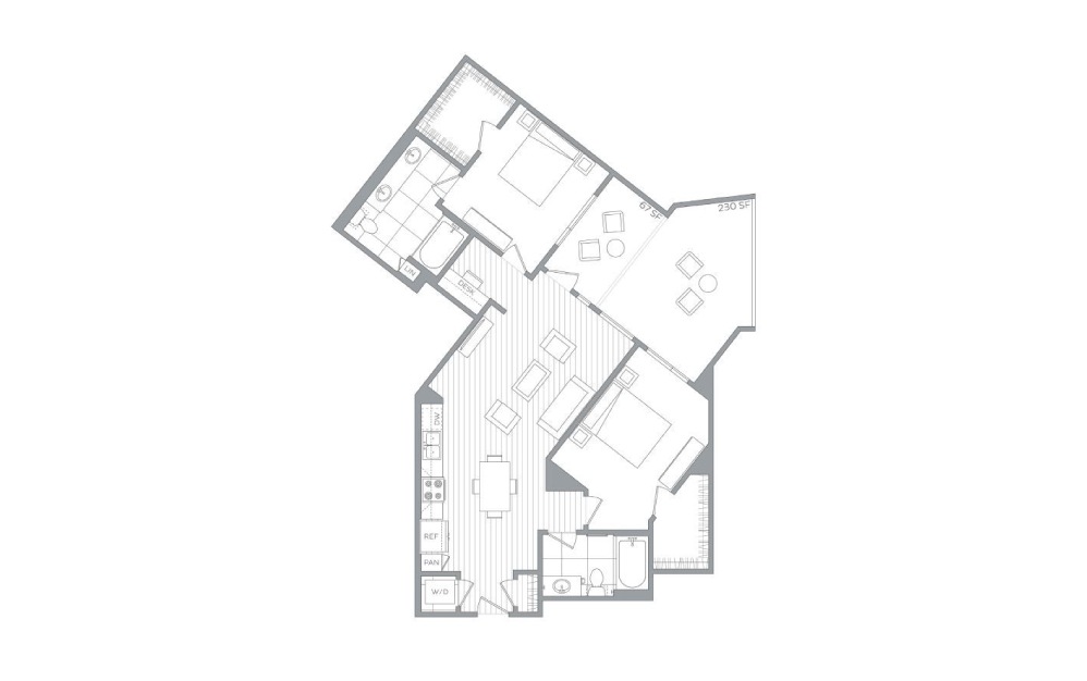 B5 - 2 bedroom floorplan layout with 2 baths and 1130 to 1360 square feet.