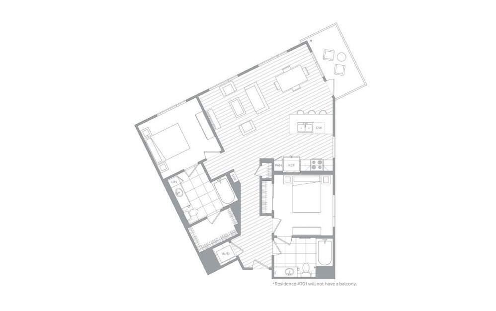 B6 - 2 bedroom floorplan layout with 2 baths and 1156 to 1230 square feet.