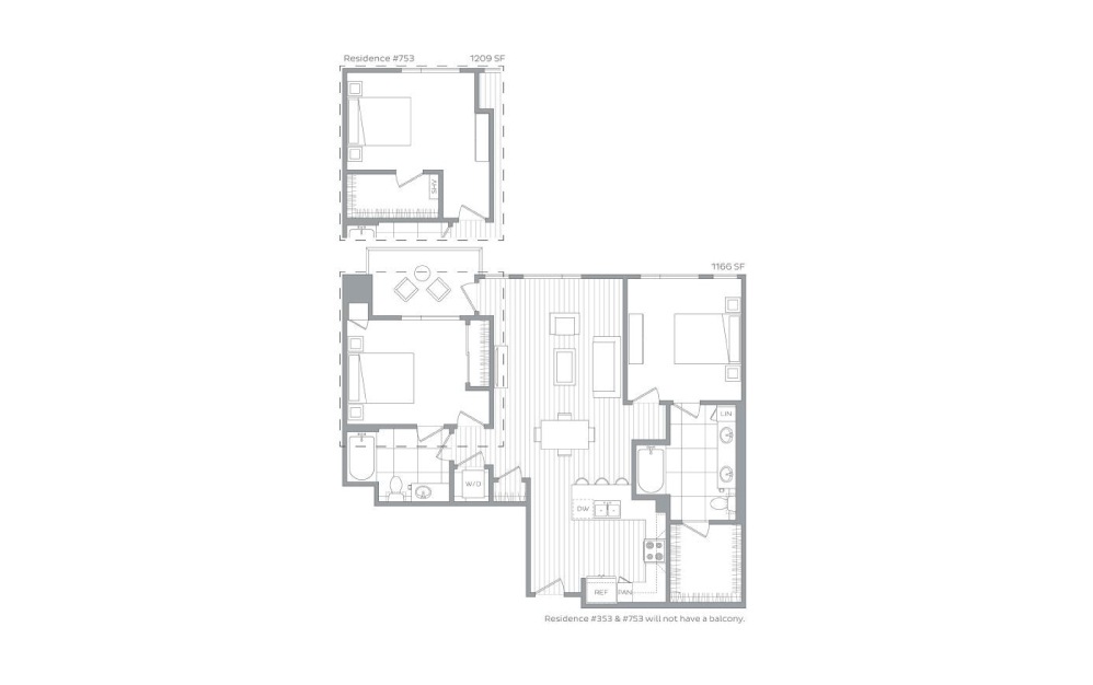 B8 - 2 bedroom floorplan layout with 2 baths and 1166 to 1209 square feet.