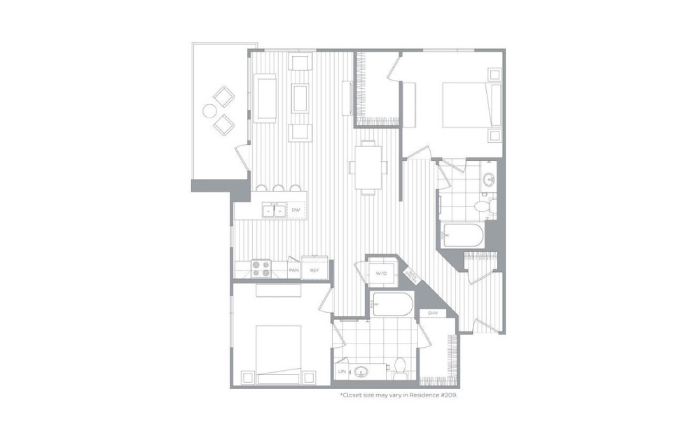 B9 - 2 bedroom floorplan layout with 2 baths and 1183 square feet.